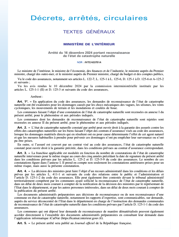 Etat de catastrophe naturelle
